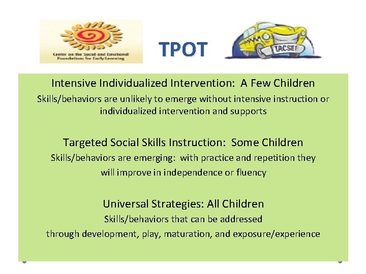 TPOT Intensive Individualized Intervention: A Few Children Skills/behaviors are unlikely to emerge without intensive