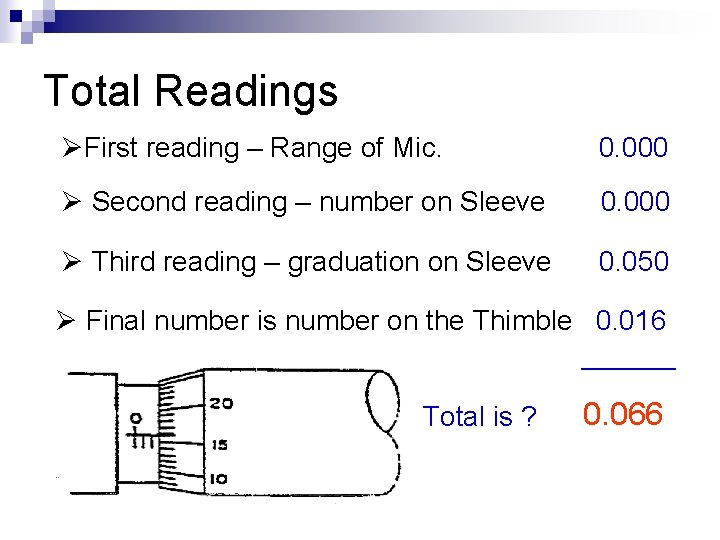 Total Readings ØFirst reading – Range of Mic. 0. 000 Ø Second reading –