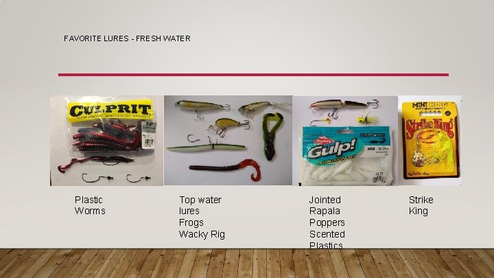 FAVORITE LURES - FRESH WATER Plastic Worms Top water lures Frogs Wacky Rig Jointed