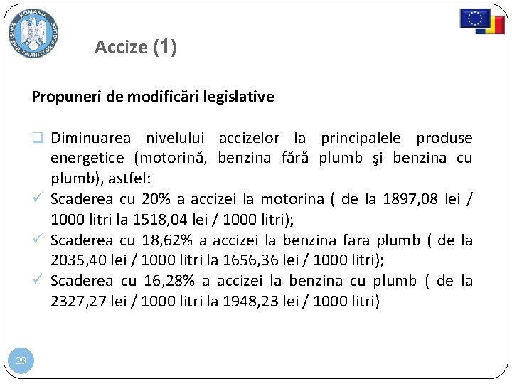 Accize (1) Propuneri de modificări legislative Diminuarea nivelului accizelor la principalele produse energetice (motorină,