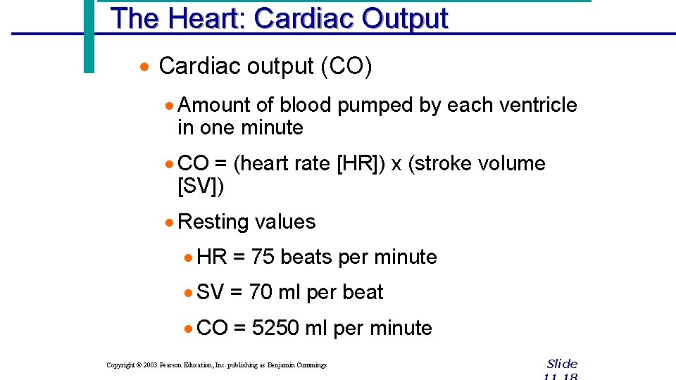 The Heart: Cardiac Output · Cardiac output (CO) · Amount of blood pumped by