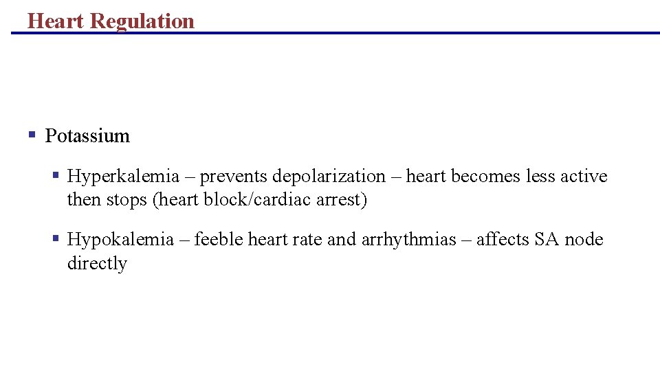 Heart Regulation § Potassium § Hyperkalemia – prevents depolarization – heart becomes less active