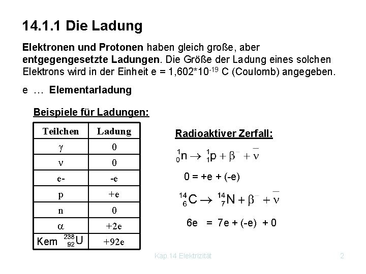 14. 1. 1 Die Ladung Elektronen und Protonen haben gleich große, aber entgegengesetzte Ladungen.