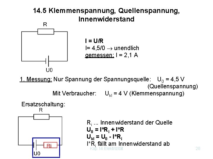 14. 5 Klemmenspannung, Quellenspannung, Innenwiderstand I = U/R I= 4, 5/0 unendlich gemessen: I