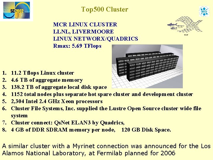 Top 500 Cluster MCR LINUX CLUSTER LLNL, LIVERMOORE LINUX NETWORX/QUADRICS Rmax: 5. 69 TFlops