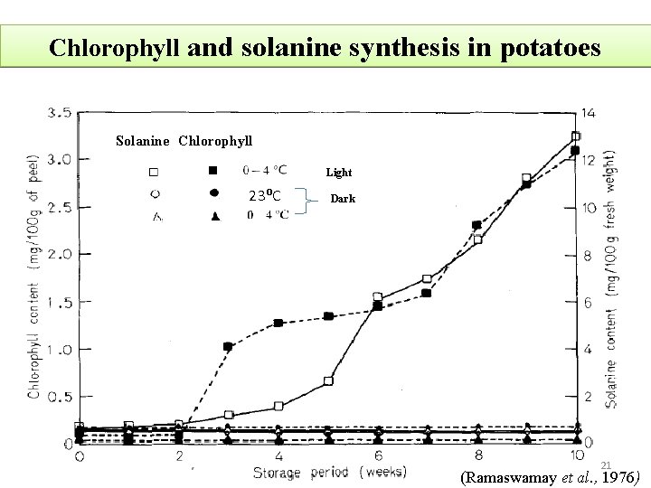 Chlorophyll and solanine synthesis in potatoes Solanine Chlorophyll Light 23⁰C Dark 21 (Ramaswamay et