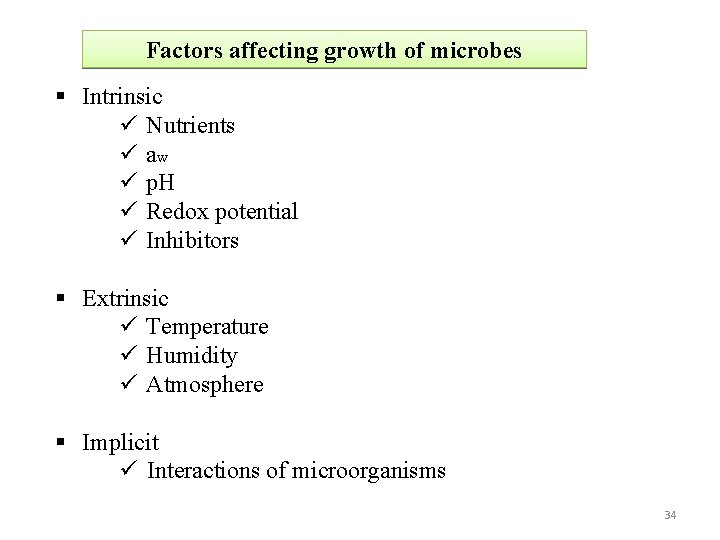 Factors affecting growth of microbes § Intrinsic ü Nutrients ü aw ü p. H
