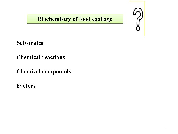 Biochemistry of food spoilage Substrates Chemical reactions Chemical compounds Factors 6 