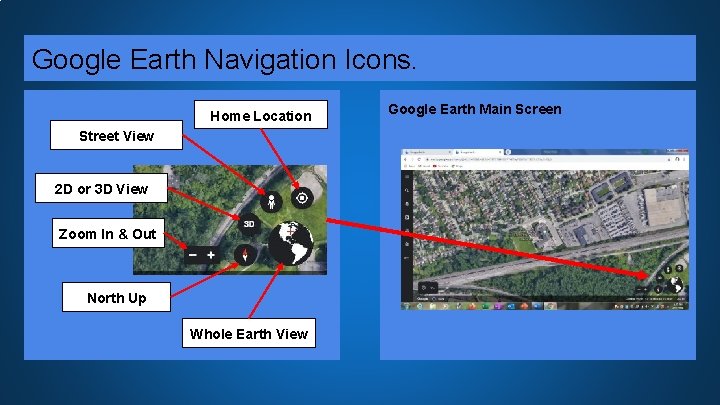 Google Earth Navigation Icons. Home Location Street View 2 D or 3 D View