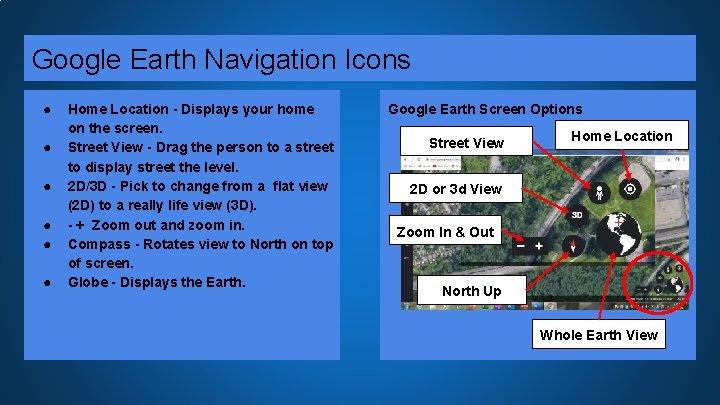 Google Earth Navigation Icons ● ● ● Home Location - Displays your home on