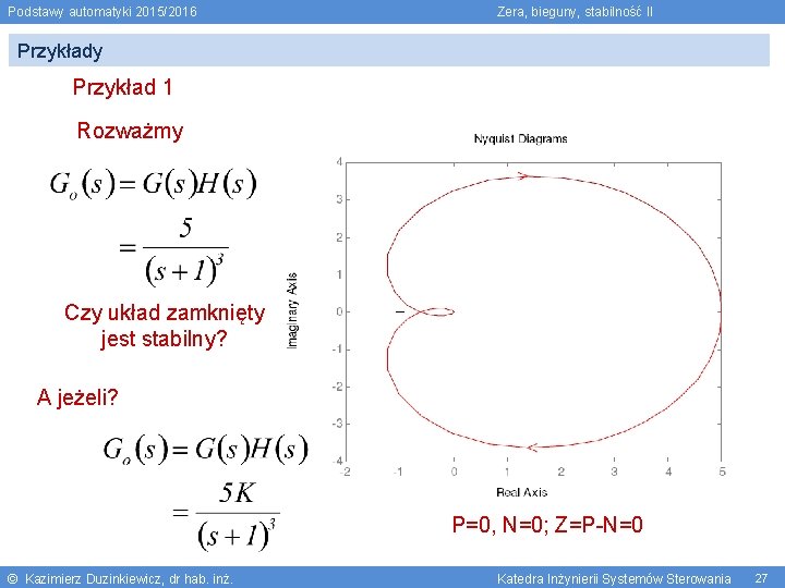 Podstawy automatyki 2015/2016 Zera, bieguny, stabilność II Przykłady Przykład 1 Rozważmy Czy układ zamknięty