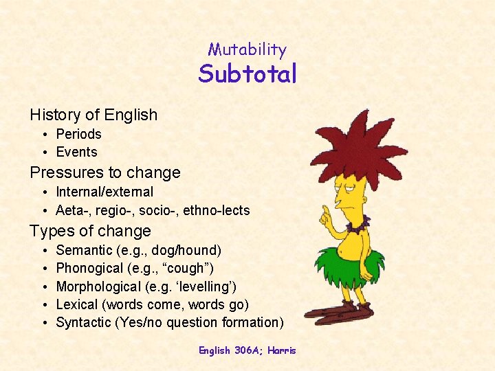 Mutability Subtotal History of English • Periods • Events Pressures to change • Internal/external