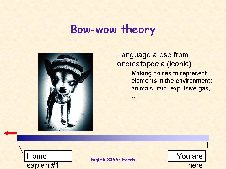 Bow-wow theory Language arose from onomatopoeia (iconic) Making noises to represent elements in the