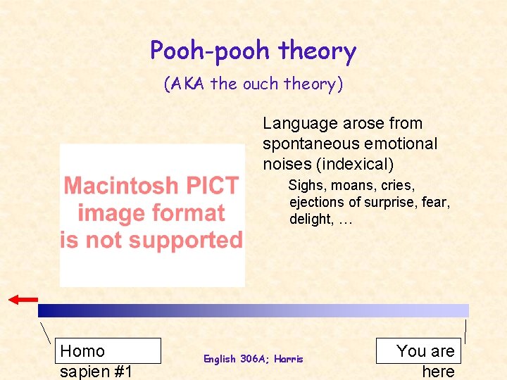 Pooh-pooh theory (AKA the ouch theory) Language arose from spontaneous emotional noises (indexical) Sighs,