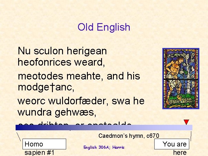 Old English Nu sculon herigean heofonrices weard, meotodes meahte, and his modge†anc, weorc wuldorfæder,