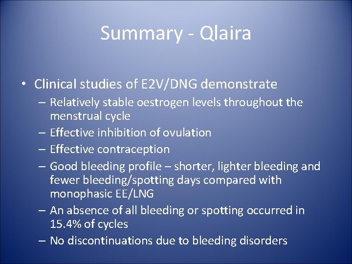Summary - Qlaira • Clinical studies of E 2 V/DNG demonstrate – Relatively stable