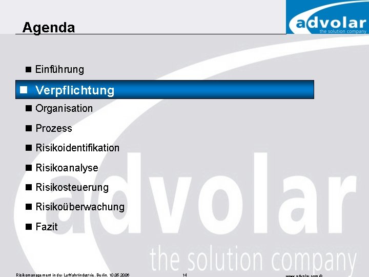 Agenda n Einführung Verpflichtung nn Verpflichtung n Organisation n Prozess n Risikoidentifikation n Risikoanalyse