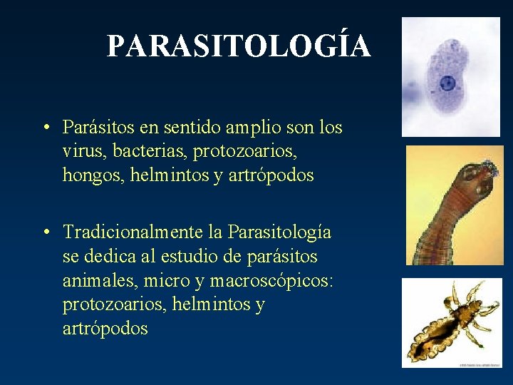 PARASITOLOGÍA • Parásitos en sentido amplio son los virus, bacterias, protozoarios, hongos, helmintos y