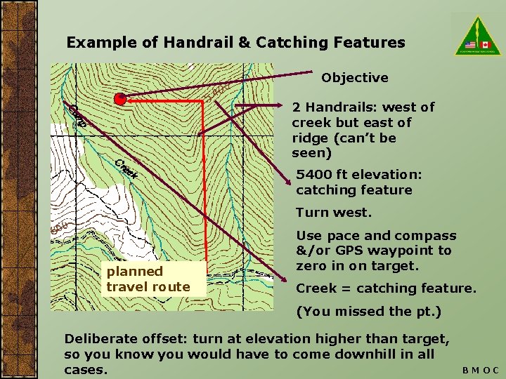Example of Handrail & Catching Features Objective 2 Handrails: west of creek but east