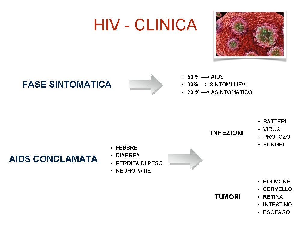 HIV - CLINICA • 50 % —> AIDS • 30% —> SINTOMI LIEVI •