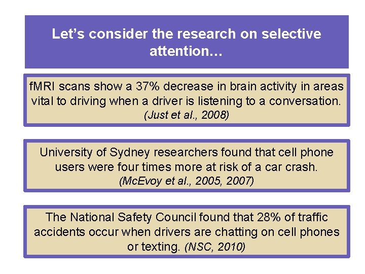 Let’s consider the research on selective attention… f. MRI scans show a 37% decrease