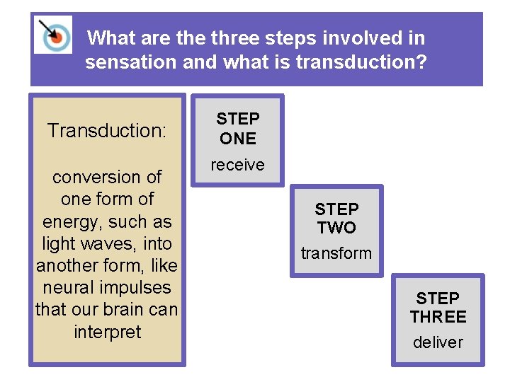 What are three steps involved in sensation and what is transduction? Transduction: conversion of