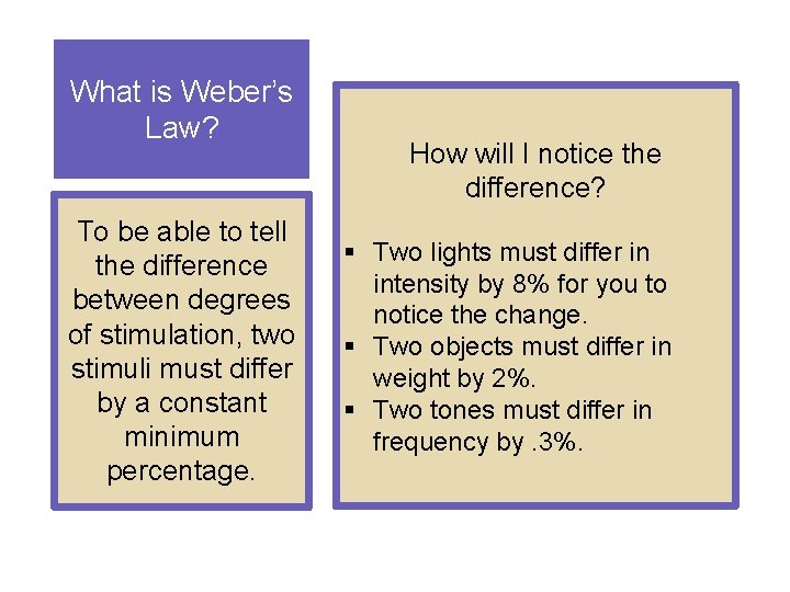 What is Weber’s Law? To be able to tell the difference between degrees of