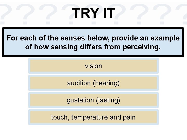 For each of the senses below, provide an example of how sensing differs from