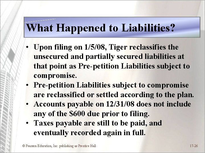 What Happened to Liabilities? • Upon filing on 1/5/08, Tiger reclassifies the unsecured and