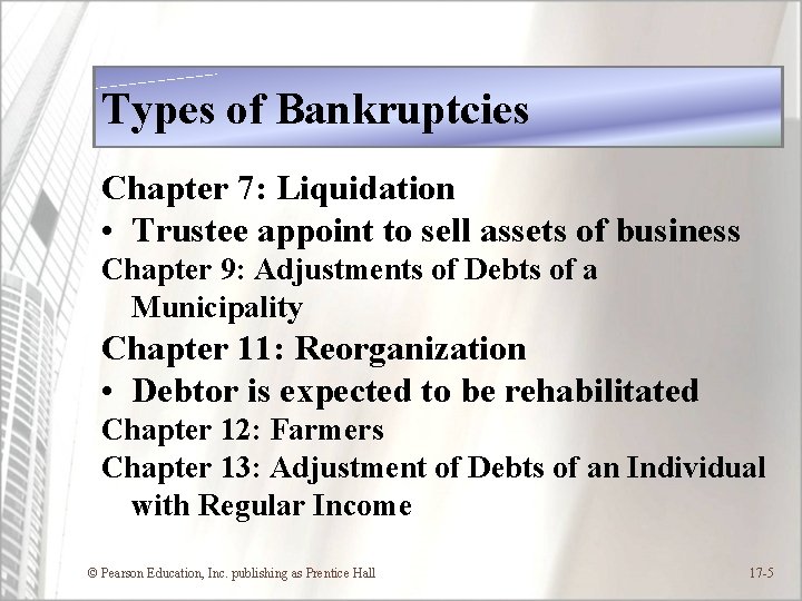 Types of Bankruptcies Chapter 7: Liquidation • Trustee appoint to sell assets of business