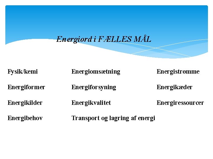 Energiord i FÆLLES MÅL Fysik/kemi Energiomsætning Energistrømme Energiformer Energiforsyning Energikæder Energikilder Energikvalitet Energiressourcer Energibehov