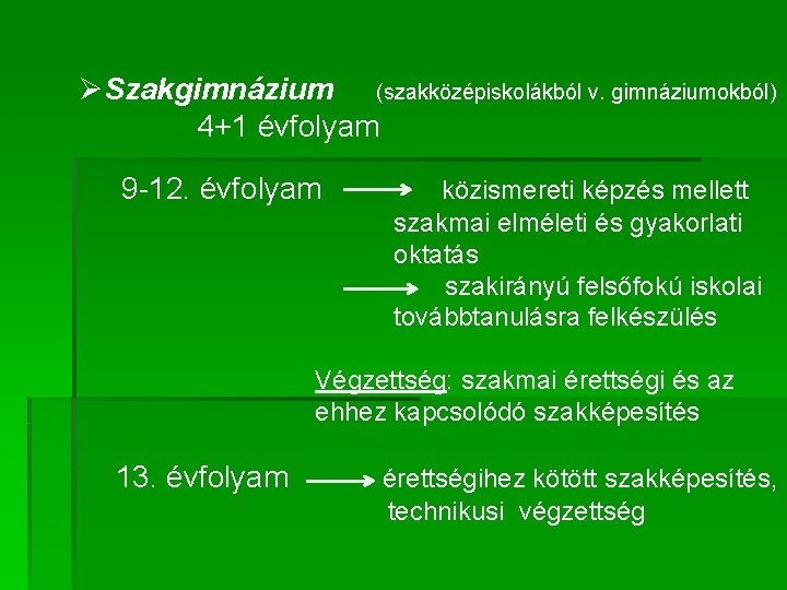 ØSzakgimnázium (szakközépiskolákból v. gimnáziumokból) 4+1 évfolyam 9 -12. évfolyam közismereti képzés mellett szakmai elméleti