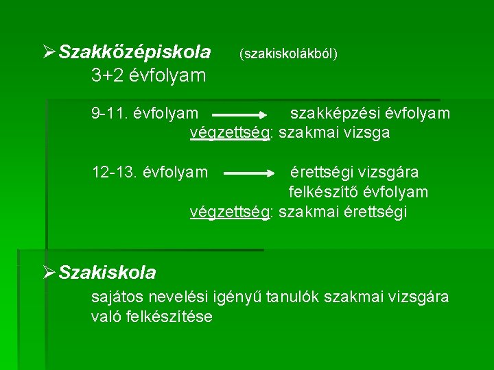 ØSzakközépiskola 3+2 évfolyam (szakiskolákból) 9 -11. évfolyam szakképzési évfolyam végzettség: szakmai vizsga 12 -13.