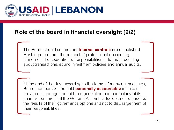 Role of the board in financial oversight (2/2) The Board should ensure that internal