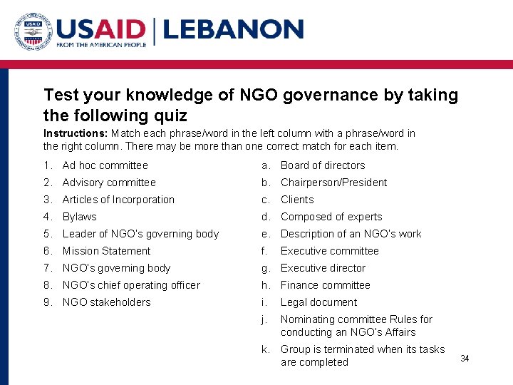 Test your knowledge of NGO governance by taking the following quiz Instructions: Match each