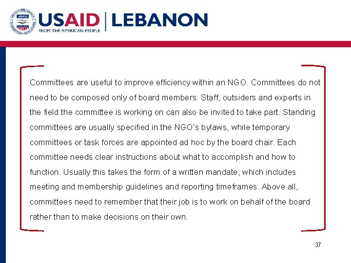 Committees are useful to improve efficiency within an NGO. Committees do not need to