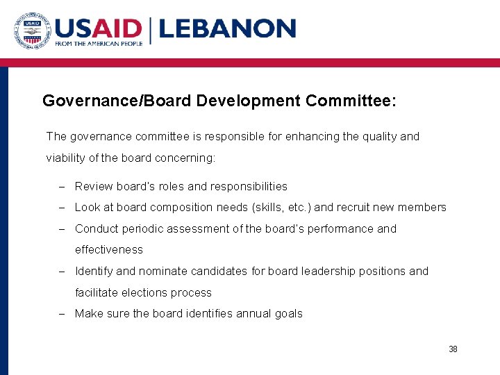 Governance/Board Development Committee: The governance committee is responsible for enhancing the quality and viability