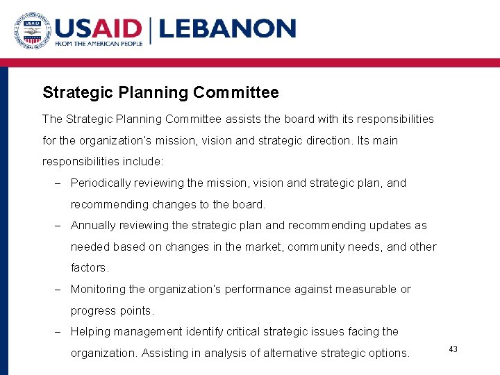 Strategic Planning Committee The Strategic Planning Committee assists the board with its responsibilities for