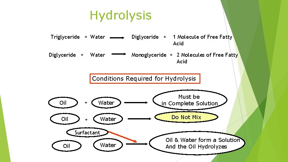 Hydrolysis Triglyceride + Water Diglyceride + 1 Molecule of Free Fatty Acid Monoglyceride +