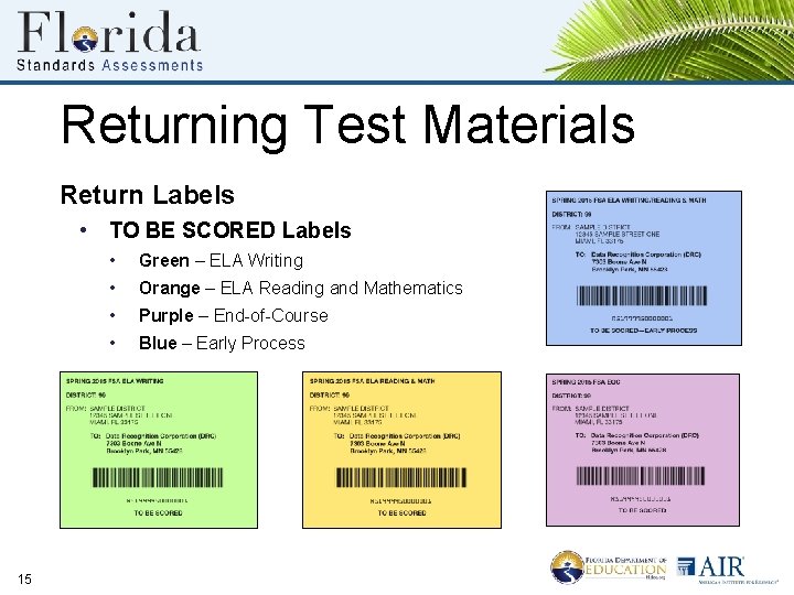 Returning Test Materials Return Labels • TO BE SCORED Labels 15 • Green –