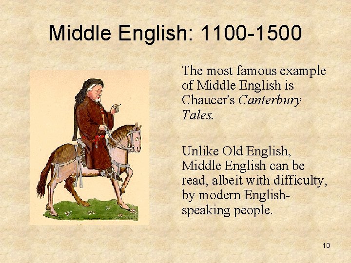 Middle English: 1100 -1500 The most famous example of Middle English is Chaucer's Canterbury
