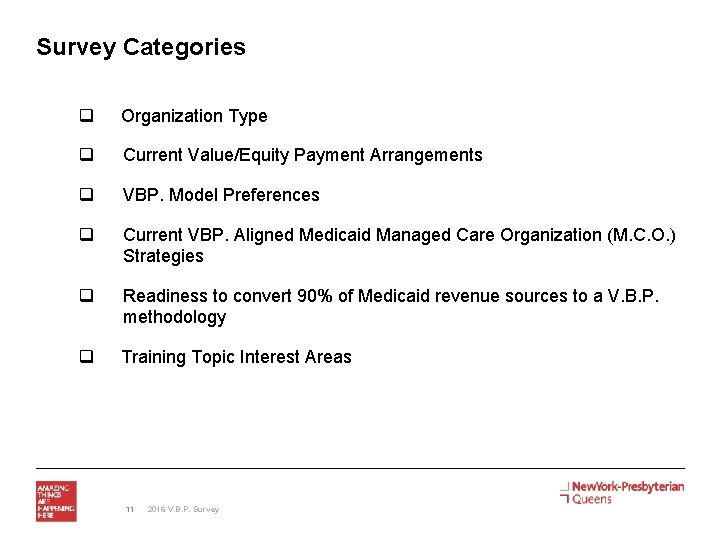 Survey Categories q Organization Type q Current Value/Equity Payment Arrangements q VBP. Model Preferences