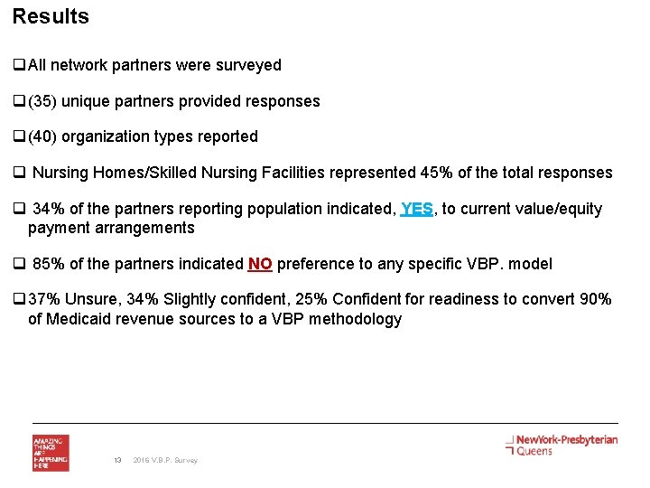 Results q All network partners were surveyed q (35) unique partners provided responses q