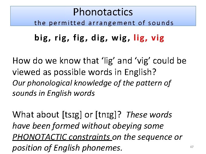Phonotactics the permitted arrangement of sounds big, rig, fig, dig, wig, lig, vig How