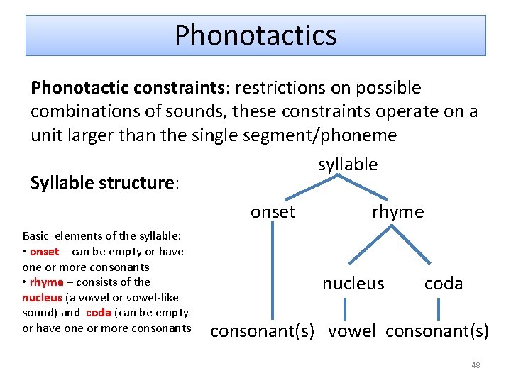 Phonotactics Phonotactic constraints: restrictions on possible combinations of sounds, these constraints operate on a