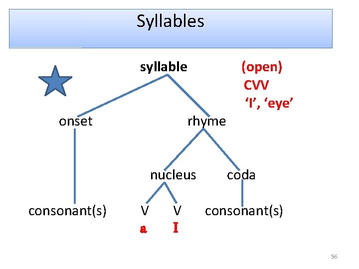 Syllables syllable onset consonant(s) rhyme V a (open) CVV ‘I’, ‘eye’ nucleus coda V