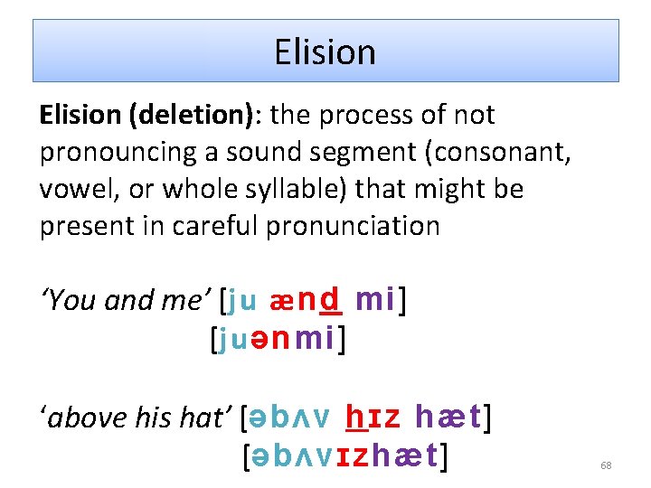 Elision (deletion): the process of not pronouncing a sound segment (consonant, vowel, or whole