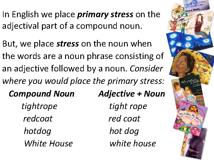 In English we place primary stress on the adjectival part of a compound noun.