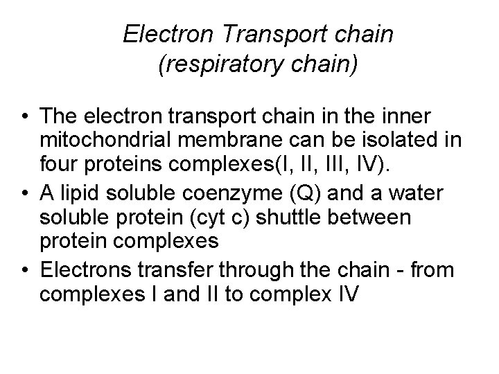 Electron Transport chain (respiratory chain) • The electron transport chain in the inner mitochondrial