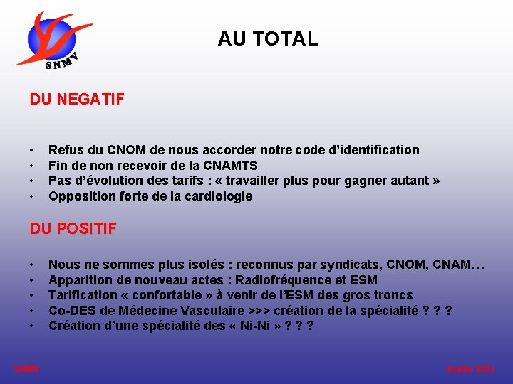 AU TOTAL DU NEGATIF • • Refus du CNOM de nous accorder notre code